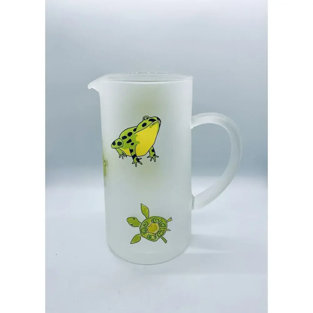 Darlington Designs Frosted Glass Jug Turtles Frogs Design Vintage MCM Feel